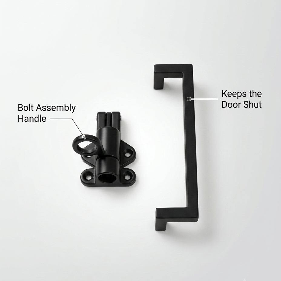 Black bolt assembly handle and door handle on a white background