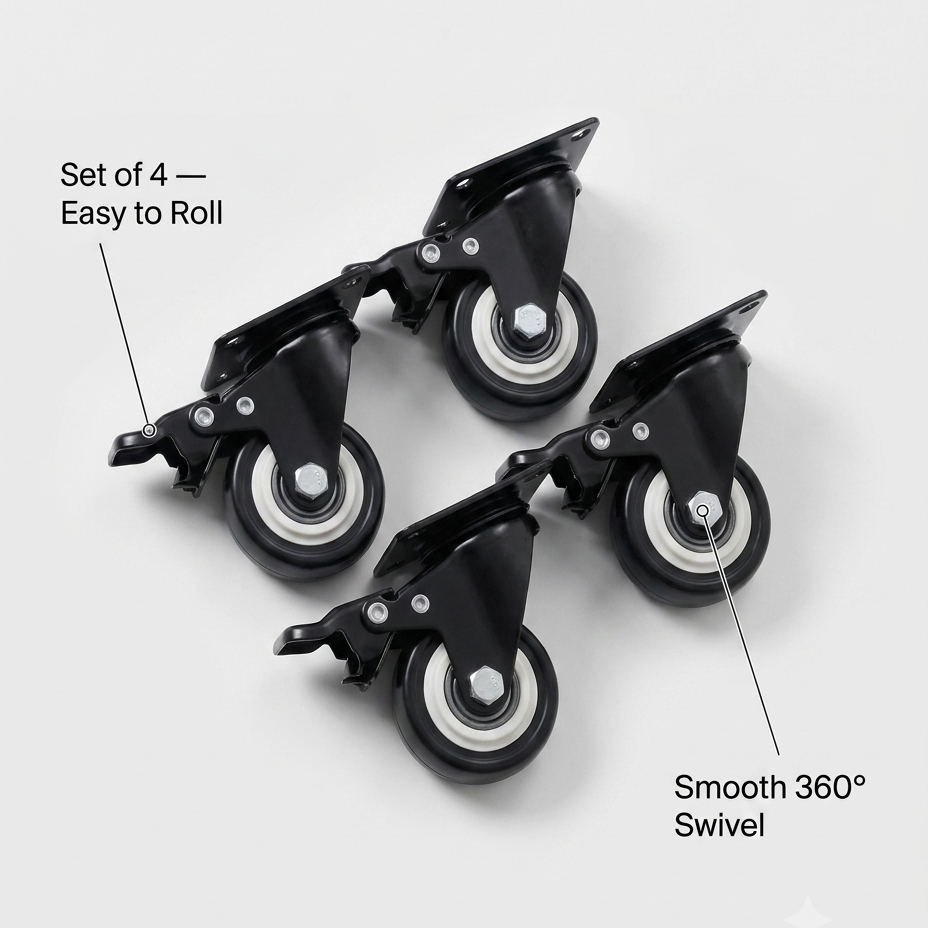 Set of four black caster wheels with white bearings on a light gray background