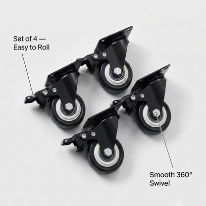 Set of four black caster wheels with white bearings on a light gray background