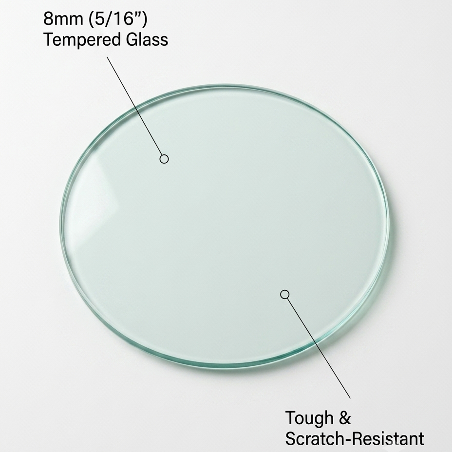 Round piece of 8mm tempered glass with text indicating thickness and durability on a white background