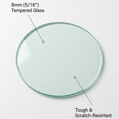 Round piece of 8mm tempered glass with text indicating thickness and durability on a white background