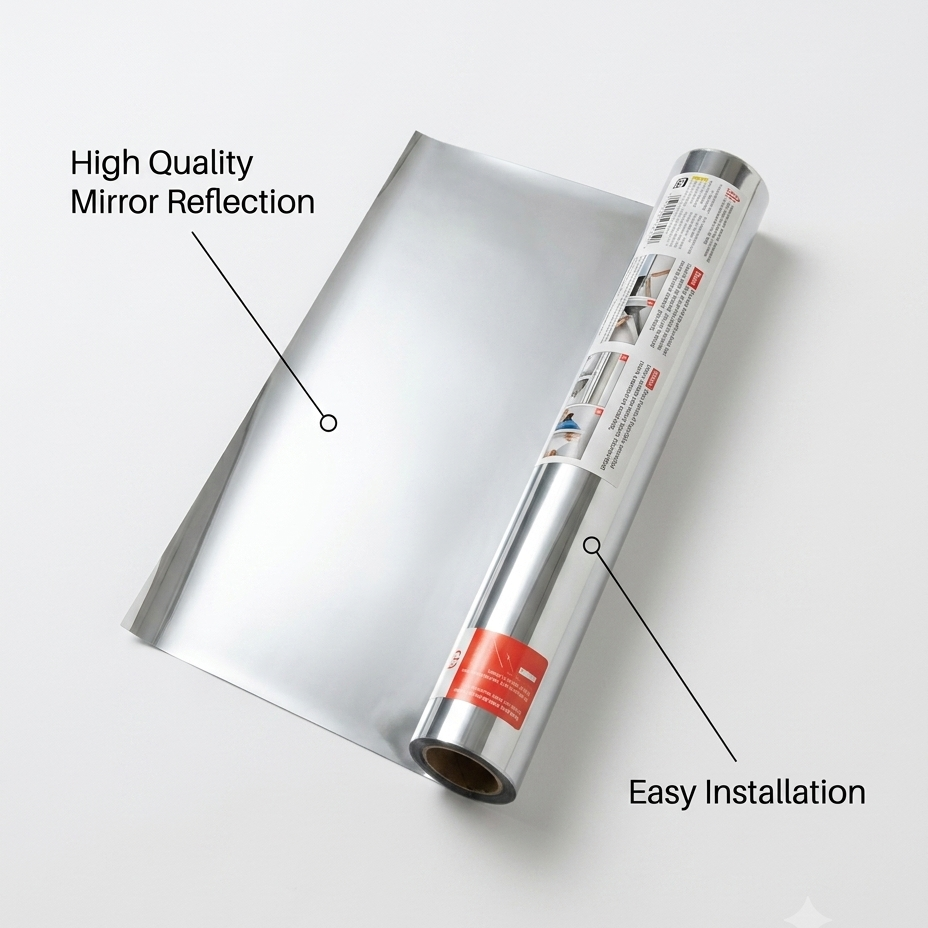 Roll of reflective material with text highlighting high quality mirror reflection and easy installation on a white background