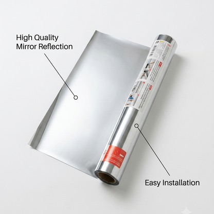Roll of reflective material with text highlighting high quality mirror reflection and easy installation on a white background