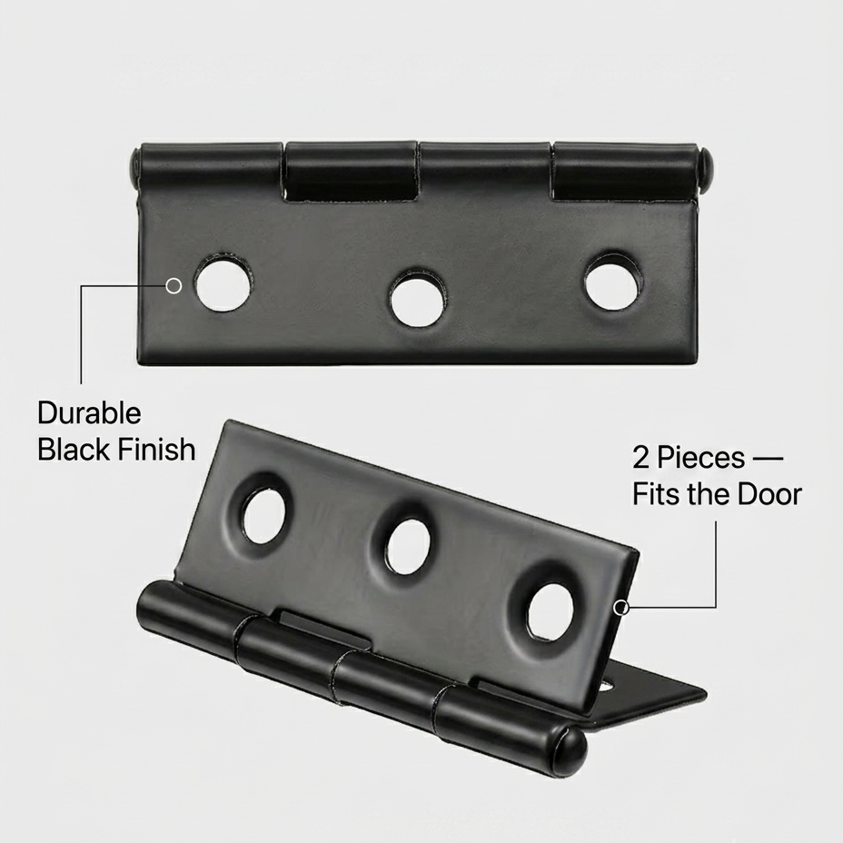 Black metal hinges on a light gray background with text indicating durability and quantity.