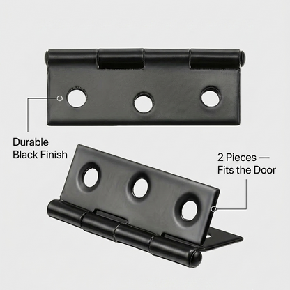 Black metal hinges on a light gray background with text indicating durability and quantity.