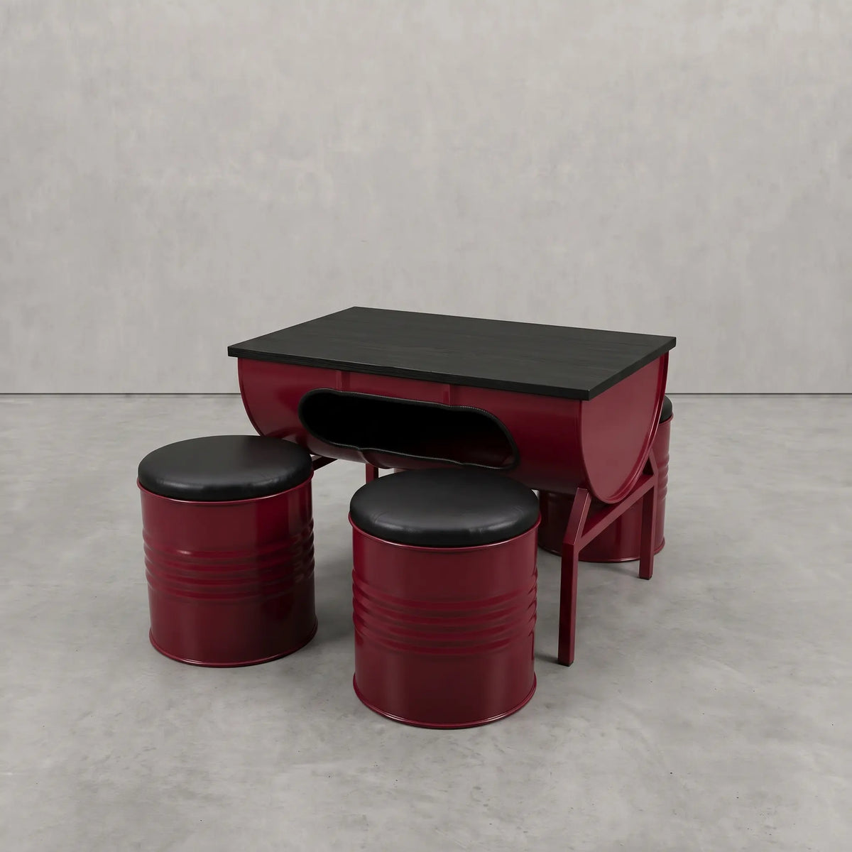 Oil barrel dining set — table with three matching barrel stools in red