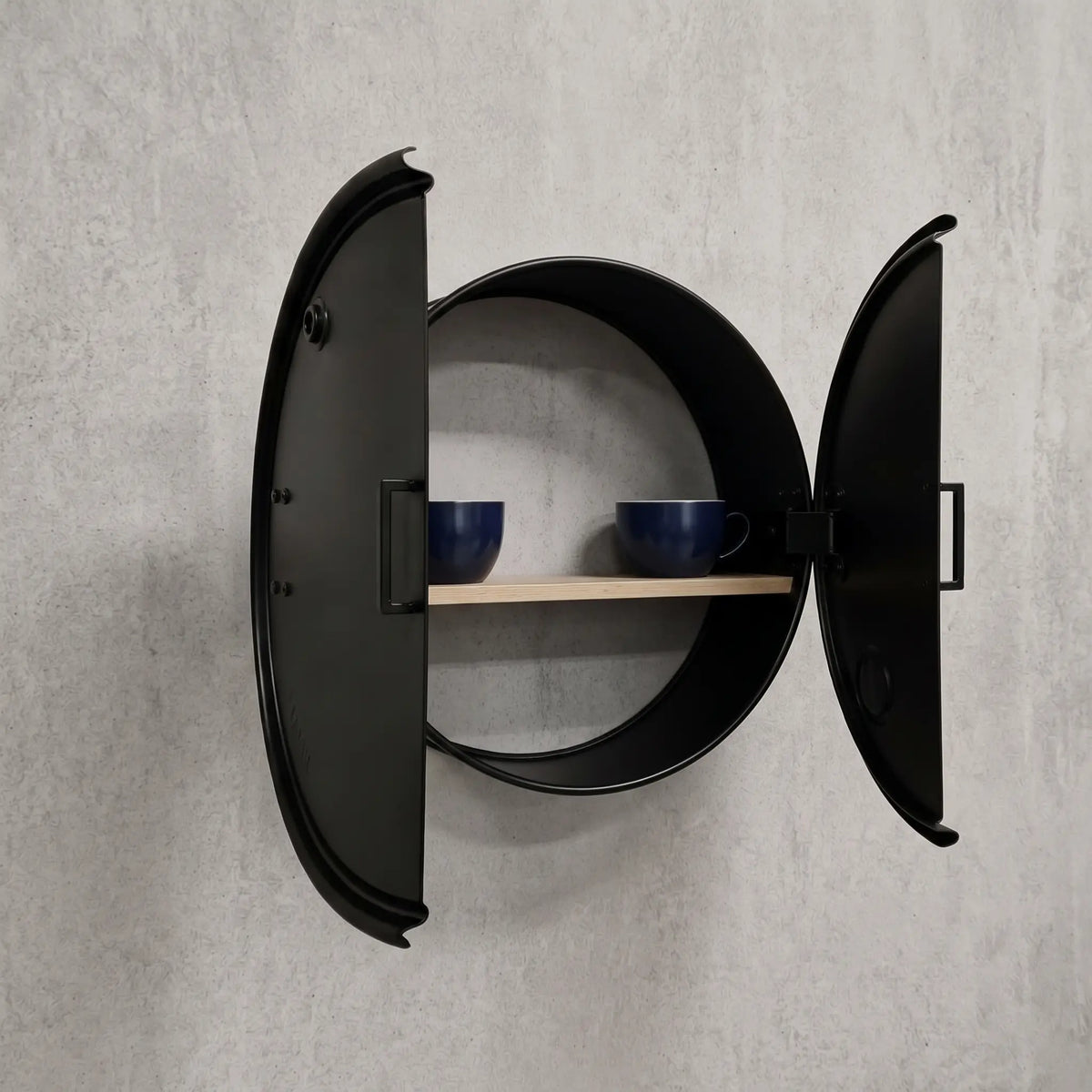 Oil barrel wall cabinet — wall-mounted storage with hinged doors and wooden shelf