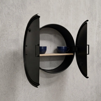 Oil barrel wall cabinet — wall-mounted storage with hinged doors and wooden shelf