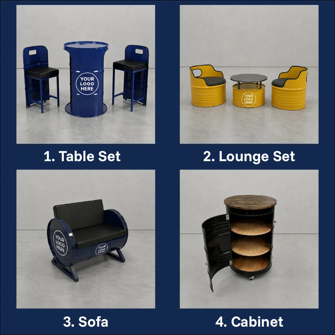 Oil barrel furniture projects — table set, sofa, infinity table, and lounge set