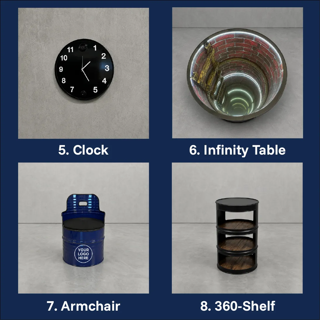 Oil barrel furniture projects — armchair, clock, half-shelf, and racing seat