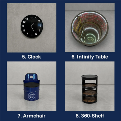 Oil barrel furniture projects — armchair, clock, half-shelf, and racing seat
