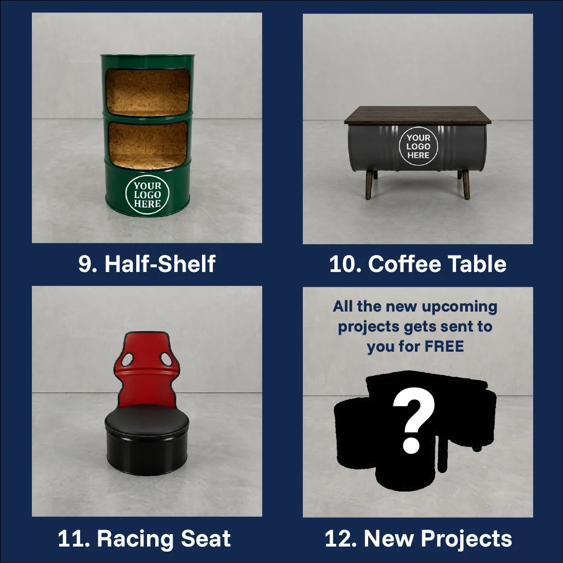 Oil barrel furniture projects — cabinet, coffee table, 360-shelf, and more