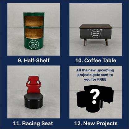 Oil barrel furniture projects — cabinet, coffee table, 360-shelf, and more